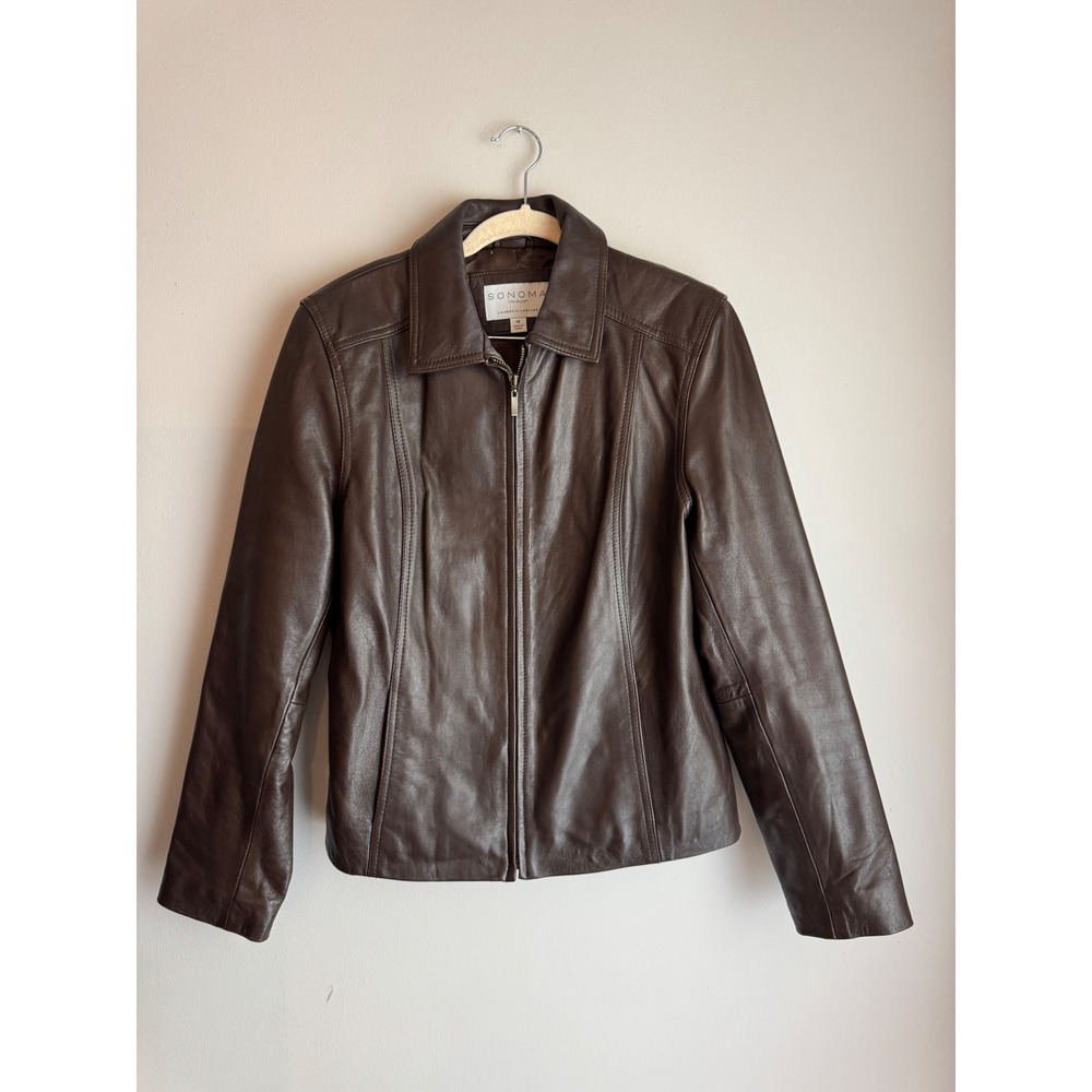 Sonoma Life Style Womens Brown Lambskin Leather Zip Up Jacket Size M